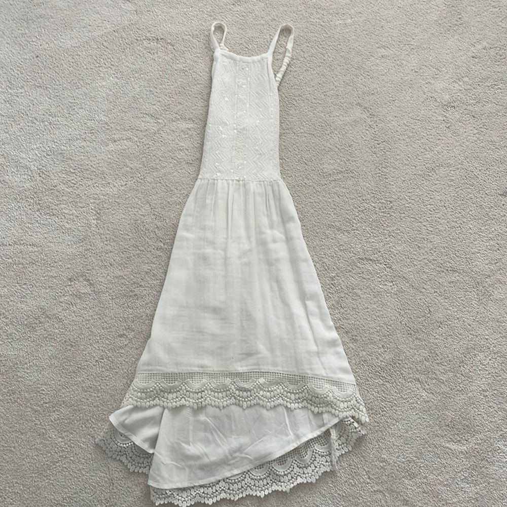 White, halter neck high low linen lace dress